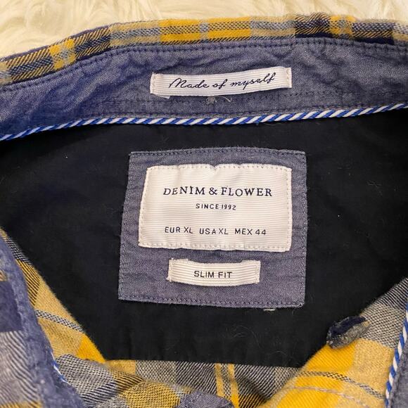 Denim & Flower Slim Fit Yellow Blue Plaid Flannel Long Sleeve Shirt XL - Picture 6 of 12